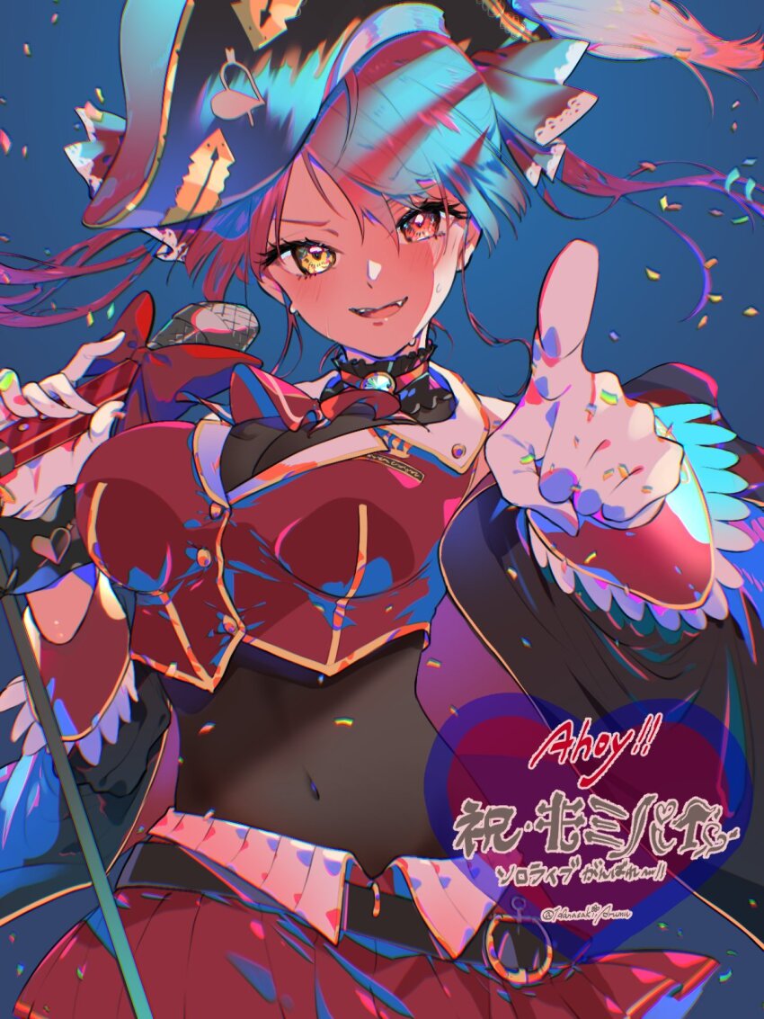 1girl artist_name arumu ascot asymmetrical_bangs belt belt_skirt black_leotard blue_background breasts brooch collar confetti covered_navel cowboy_shot cropped_vest fangs frilled_collar frills halter_leotard halterneck hat heart heterochromia highres holding holding_microphone hololive houshou_marine houshou_marine_(1st_costume) jacket jacket_partially_removed jewelry lapels large_breasts leotard looking_at_viewer microphone microphone_stand miniskirt mixed-language_text music notched_lapels open_clothes open_jacket open_mouth pirate_hat pleated_skirt pointing pointing_at_viewer red_ascot red_vest short_hair singing skirt solo translation_request two_side_up vest virtual_youtuber