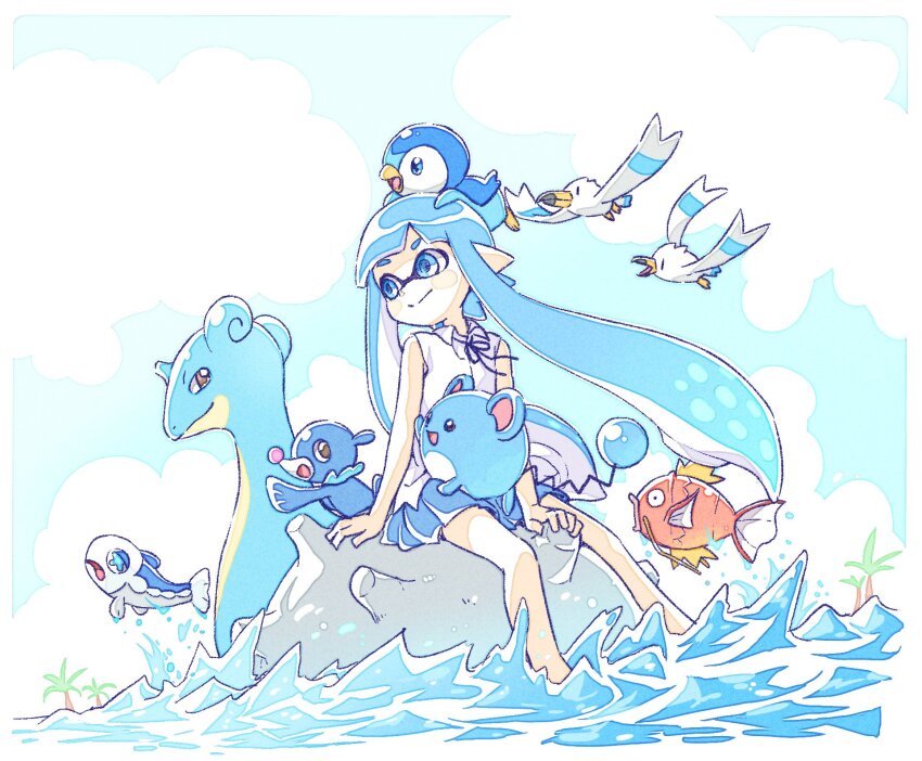 1girl arm_at_side arms_around_neck bare_arms bare_legs between_legs bird blue_eyes blue_hair blue_skirt blue_sky blue_theme border closed_mouth cloud collared_shirt color_connection creatures_(company) crossover day flying game_freak gen_1_pokemon gen_2_pokemon gen_3_pokemon gen_4_pokemon gen_7_pokemon hand_between_legs hand_rest happy highres inkling_girl inkling_player_character lapras long_hair looking_to_the_side magikarp marill miniskirt neck_ribbon nintendo ocean on_head pale_color palm_tree partially_submerged piplup pleated_skirt pointy_ears pokemon pokemon_(creature) pokemon_on_head popplio ribbon riding riding_pokemon sen_squid shirt short_eyebrows sidesaddle sitting skirt sky sleeveless sleeveless_shirt splatoon_(series) splatoon_1 split_mouth summer swimming third-party_source tree twintails very_long_hair water watercolor_effect white_border white_shirt wind wing_collar wingull wishiwashi wishiwashi_(solo)