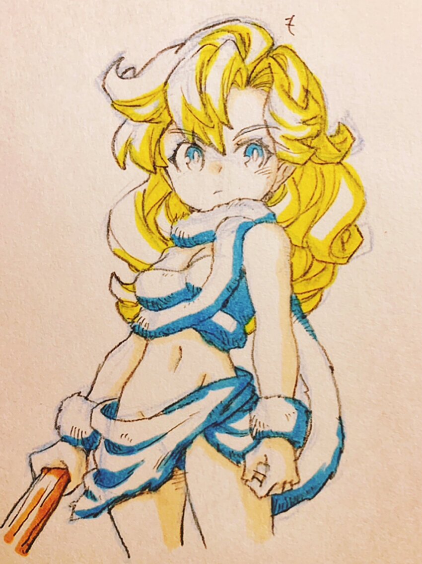 1girl ayla_(chrono_trigger) bare_shoulders blonde_hair blue_eyes breasts cavewoman chrono_trigger cleavage club_(weapon) cowboy_shot crop_top curly_hair fur_scarf fur_shirt fur_skirt fur_wrist_cuffs grey_scarf grey_shirt grey_skirt grey_wristband hair_between_eyes highres holding holding_club holding_weapon light_blush long_hair medium_breasts midriff miniskirt motoko_(taom) navel parted_bangs scarf shirt skirt solo traditional_media upper_body weapon wrist_cuffs