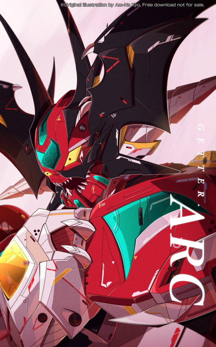 absurdres azzalea character_name close-up commentary english_commentary getter_arc getter_robo getter_robo_arc highres looking_down mecha no_humans open_mouth robot science_fiction sharp_teeth solo super_robot teeth watermark yellow_eyes