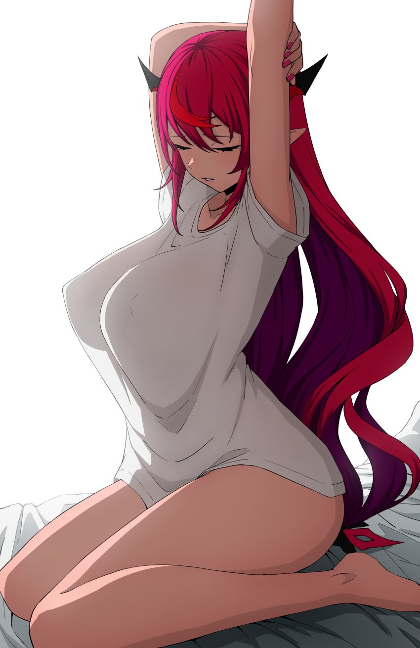 1girl absurdres breasts covered_erect_nipples daydarion highres hololive hololive_english horns irys_(hololive) kneeling large_breasts long_hair multicolored_hair purple_hair red_hair shirt silhouette simple_background solo streaked_hair two-tone_hair virtual_youtuber white_background white_shirt