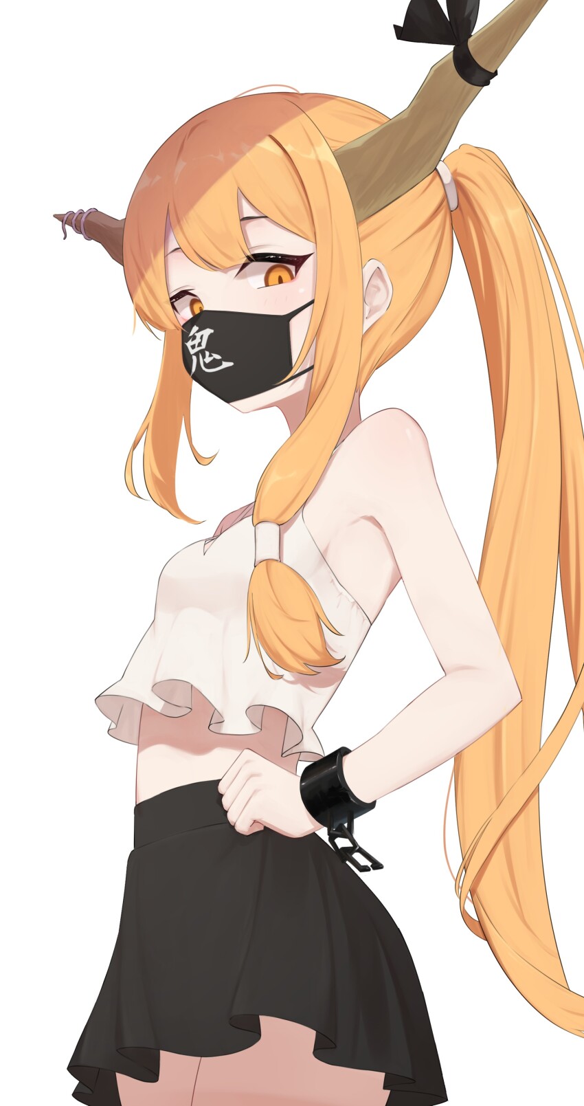 1girl absurdres armpit_crease black_skirt blonde_hair breasts chain contemporary cowboy_shot crop_top cuffs hand_on_own_hip highres horn_ornament horn_ribbon horns ibuki_suika long_hair looking_at_viewer mask miniskirt mouth_mask oeyama orange_hair ponytail ribbon sidelocks skirt slit_pupils small_breasts solo touhou very_long_hair