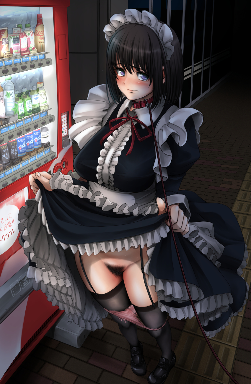 1girl absurdres arekishi_raiho bdsm black_dress black_footwear black_hair black_thighhighs blue_eyes blush breasts clothes_lift collar dress dress_lift excessive_pubic_hair exhibitionism female_pubic_hair garter_straps highres juliet_sleeves large_breasts leash lifting_own_clothes loafers long_dress long_skirt long_sleeves maid original panties panty_pull pink_panties pubic_hair public_indecency puffy_sleeves shoes short_hair skirt slave solo standing thighhighs underwear vending_machine viewer_holding_leash