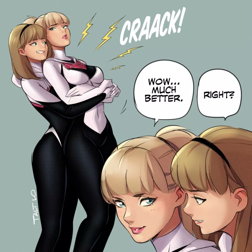 2girls artist_name bad_id bad_twitter_id black_bodysuit blonde_hair blue_eyes bodysuit brown_hair chiropractor gwen_stacy marvel marvel_cinematic_universe multiple_girls spider-gwen spider-man:_into_the_spider-verse spider-man:_no_way_home spider-man_(series) spider-verse superhero_costume talt_lo teeth the_amazing_spider-man two-tone_bodysuit white_bodysuit yuri