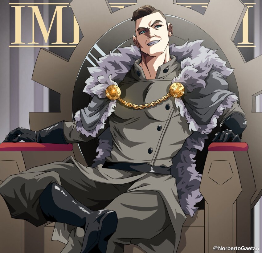 1boy black_footwear black_gloves blue_eyes boots brown_hair commentary english_commentary gloves grin group_name gunther_(wwe) highres male_focus norbertogaetan short_hair sitting_on_throne smile solo thick_eyebrows twitter_username wwe