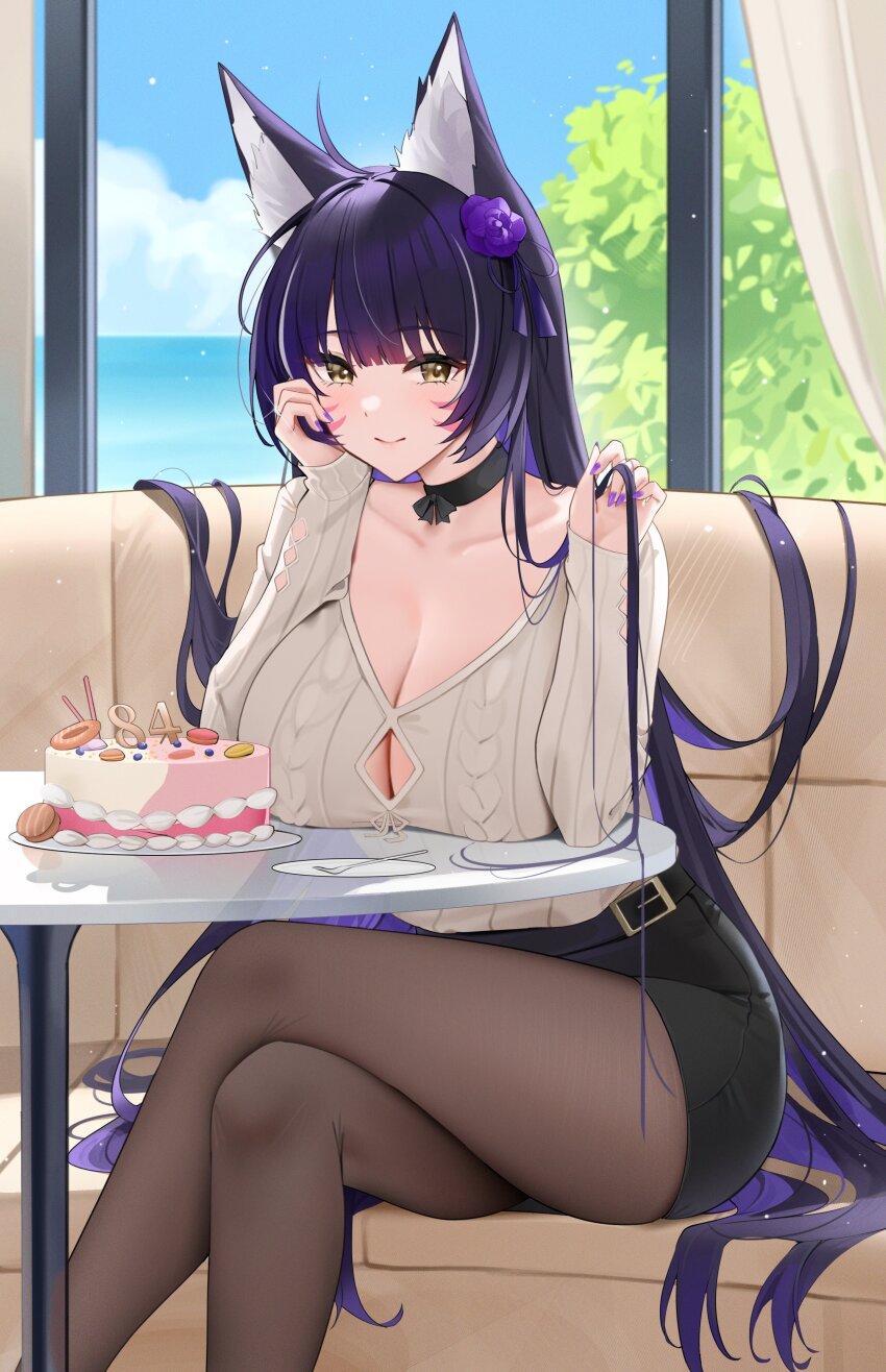 1girl absurdres alternate_costume animal_ear_fluff animal_ears azur_lane black_choker black_pantyhose black_skirt blush breast_rest breasts breasts_on_table cake choker cleavage closed_mouth collarbone commentary_request crossed_legs facial_mark fingernails flower food fox_ears fox_girl hair_flower hair_ornament head_rest highres large_breasts long_hair looking_at_viewer miniskirt musashi_(azur_lane) nail_polish pantyhose purple_hair purple_nails qing_wu round_table shirt sitting skirt smile solo table very_long_hair whisker_markings white_shirt yellow_eyes