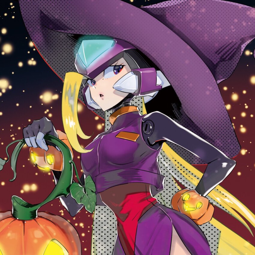 1girl alternate_color alternate_costume bliss_zero_(mega_man) blonde_hair breasts dress forehead_jewel halftone halloween hand_on_own_hip hat highres long_dress long_hair medium_breasts mega_man_(series) mega_man_zero_(series) midnight_bliss pumpkin purple_dress purple_hat purple_shirt red_background shirt single_bang solo sumomo svc_chaos upper_body witch_hat zero(z)_(mega_man) zero_(mega_man)