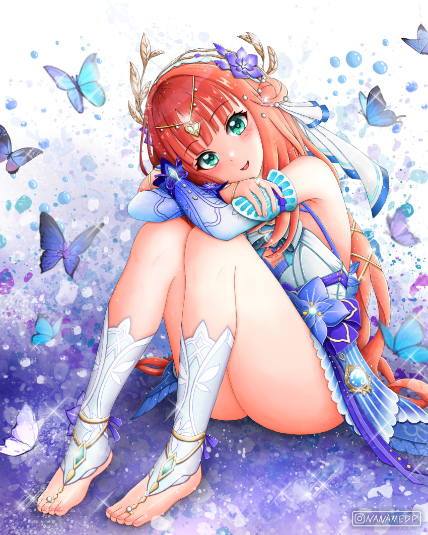 1girl absurdres aqua_eyes artist_name bare_shoulders blue_butterfly blue_dress blue_sleeves blush bug butterfly circlet commentary_request detached_sleeves dress fingernails flower full_body genshin_impact gradient_sleeves hair_bun hair_flower hair_ornament highres insect light_smile long_hair looking_at_viewer nanamedp nilou_(breeze_of_sabaa)_(genshin_impact) nilou_(genshin_impact) official_alternate_costume parted_lips purple_flower red_hair sitting sleeveless sleeveless_dress solo thighs toenails very_long_hair