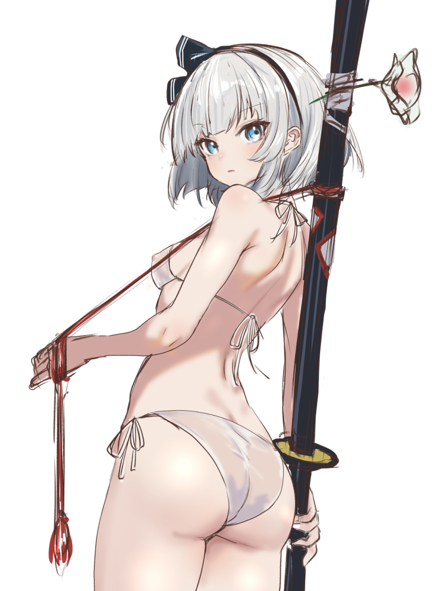 1girl ass back bare_shoulders bikini black_hairband blue_eyes blunt_bangs blush breasts covered_erect_nipples cowboy_shot from_behind grey_hair hairband highres holding holding_sheath konpaku_youmu looking_at_viewer looking_back parted_lips ribbon sheath sheathed short_hair side-tie_bikini_bottom sideboob simple_background small_breasts soara_shimomo solo swimsuit sword tassel touhou weapon white_background white_bikini white_ribbon