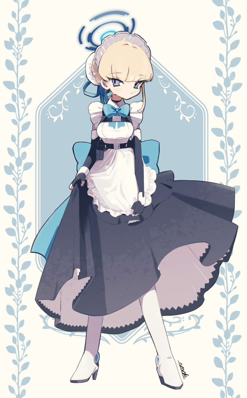 1girl absurdres apron aqua_bow aqua_bowtie back_bow black_dress blonde_hair blue_archive blue_eyes bow bowtie bun_cover chest_harness dress elbow_gloves fingerless_gloves full_body gloves hair_bun halo harness headset highres looking_at_viewer maid maid_apron maid_headdress nnktiyk signature single_hair_bun solo toki_(blue_archive) white_footwear