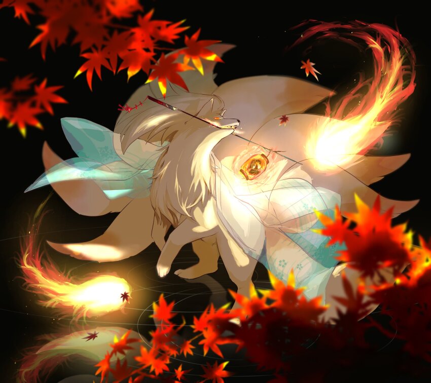 10s absurdres animal animal_focus autumn_leaves blonde_hair creatures_(company) dress fire game_freak gen_1_pokemon highres kitsune leaf long_hair mouth_hold ninetales nintendo no_humans pokemon pokemon_(creature) red_eyes solo un_nm5sy