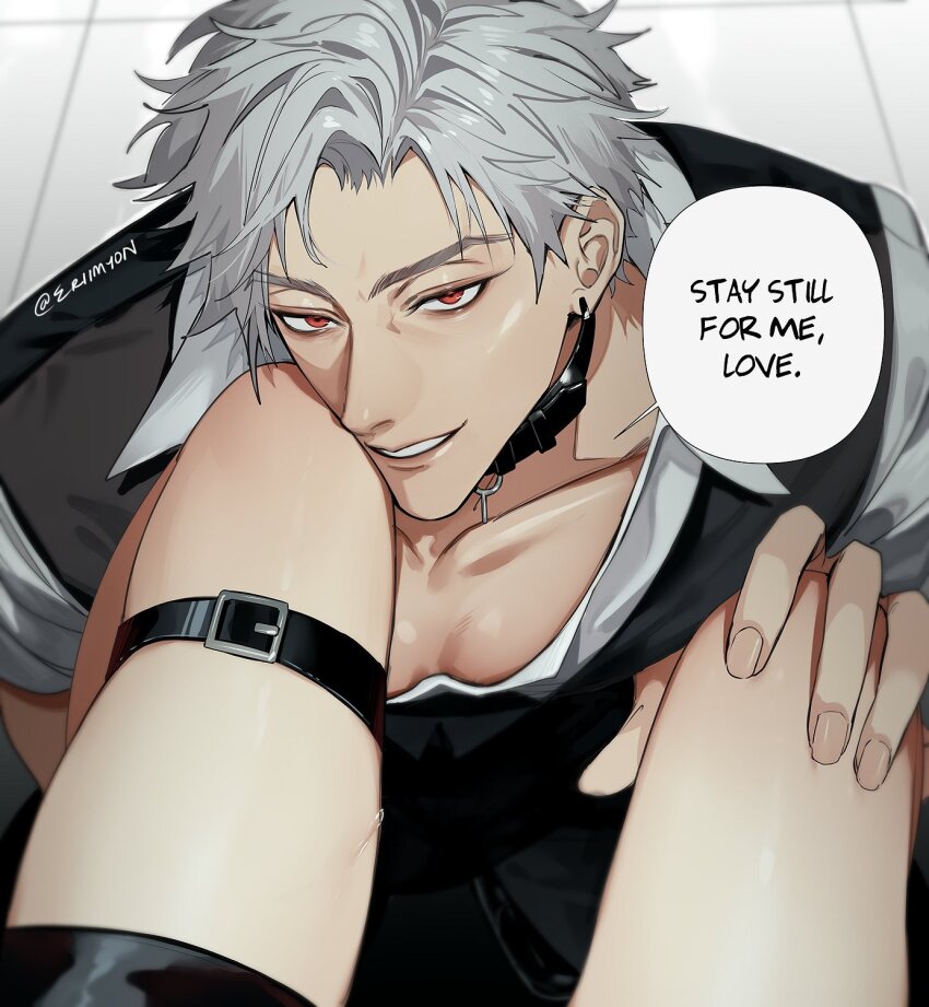 1boy 1girl black_choker choker ear_piercing english_text eriimyon grey_hair highres kneeling looking_at_viewer love_and_deepspace male_focus piercing pov red_eyes smile speech_bubble sylus_(love_and_deepspace) thigh_strap toned toned_male twitter_username