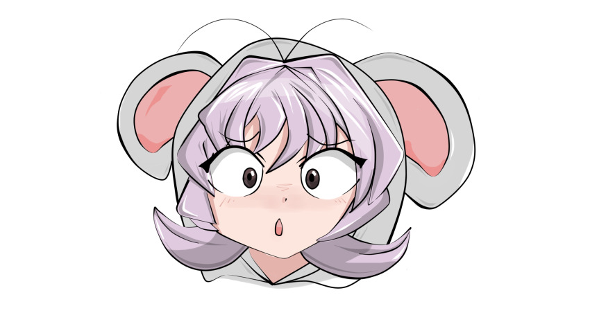 1girl :o adorable_face ahoge animal_costume animal_ears blush blushing_female brown_eyes cosplay eyelashes female_focus frown head_only highres kigurumi komi-san_wa_komyushou_desu mouse_costume mouse_ears mouse_girl open_mouth osana_najimi_(komi-san_wa_komyushou_desu) pink_hair purple_hair short_hair white_background