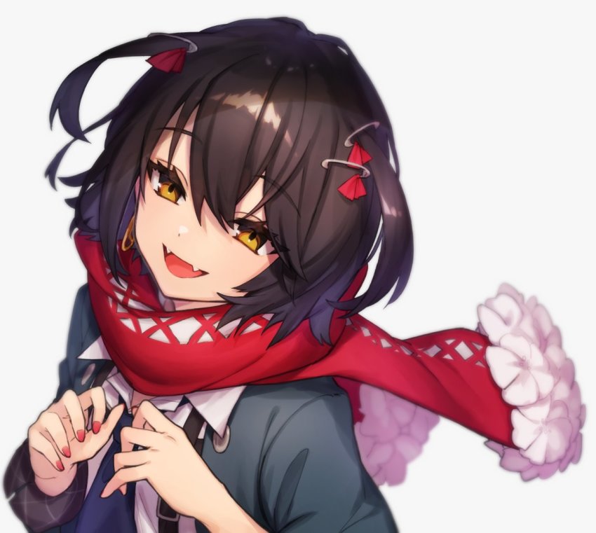 1boy androgynous black_coat black_hair blush coat earrings fangs flower hair_between_eyes jewelry long_sleeves mashiro_meme mashiro_meme_(1st_costume) nail_polish nijisanji open_mouth red_nails red_scarf scarf simple_background smile trap upper_body virtual_youtuber white_background yellow_eyes zumi_tiri