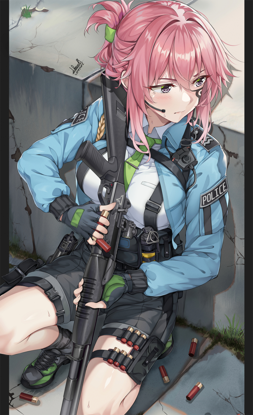 1girl absurdres benelli_m4 black_shorts blue_jacket collared_shirt explosive facial_tattoo fingerless_gloves folded_ponytail gloves green_necktie grenade gun hair_intakes handgun hanz_(pixiv_27680611) headset highres holding holding_gun holding_shell holding_weapon holster jacket looking_to_the_side necktie original pink_hair police shell shell_casing shirt shorts shotgun shotgun_shell signature solo taking_cover tattoo thigh_strap weapon white_shirt