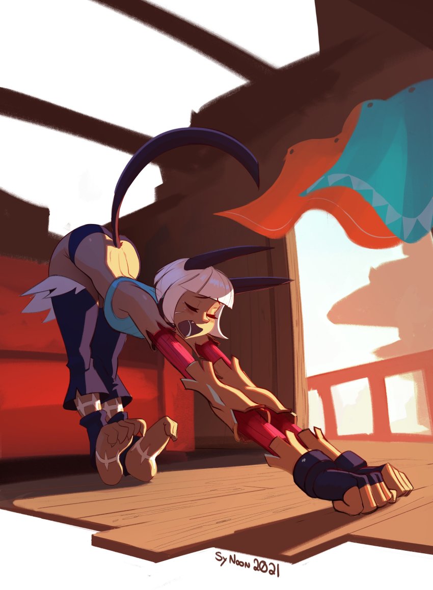 1girl 2021 absurdres ass bare_shoulders barefoot bob_cut cat_girl curtains dark-skinned_female dark_skin dated detached_leggings closed_eyes fingerless_gloves gloves highres indoors ms._fortune_(skullgirls) scar short_hair skullgirls solo stretching sy_noon top-down_bottom-up white_hair yawning