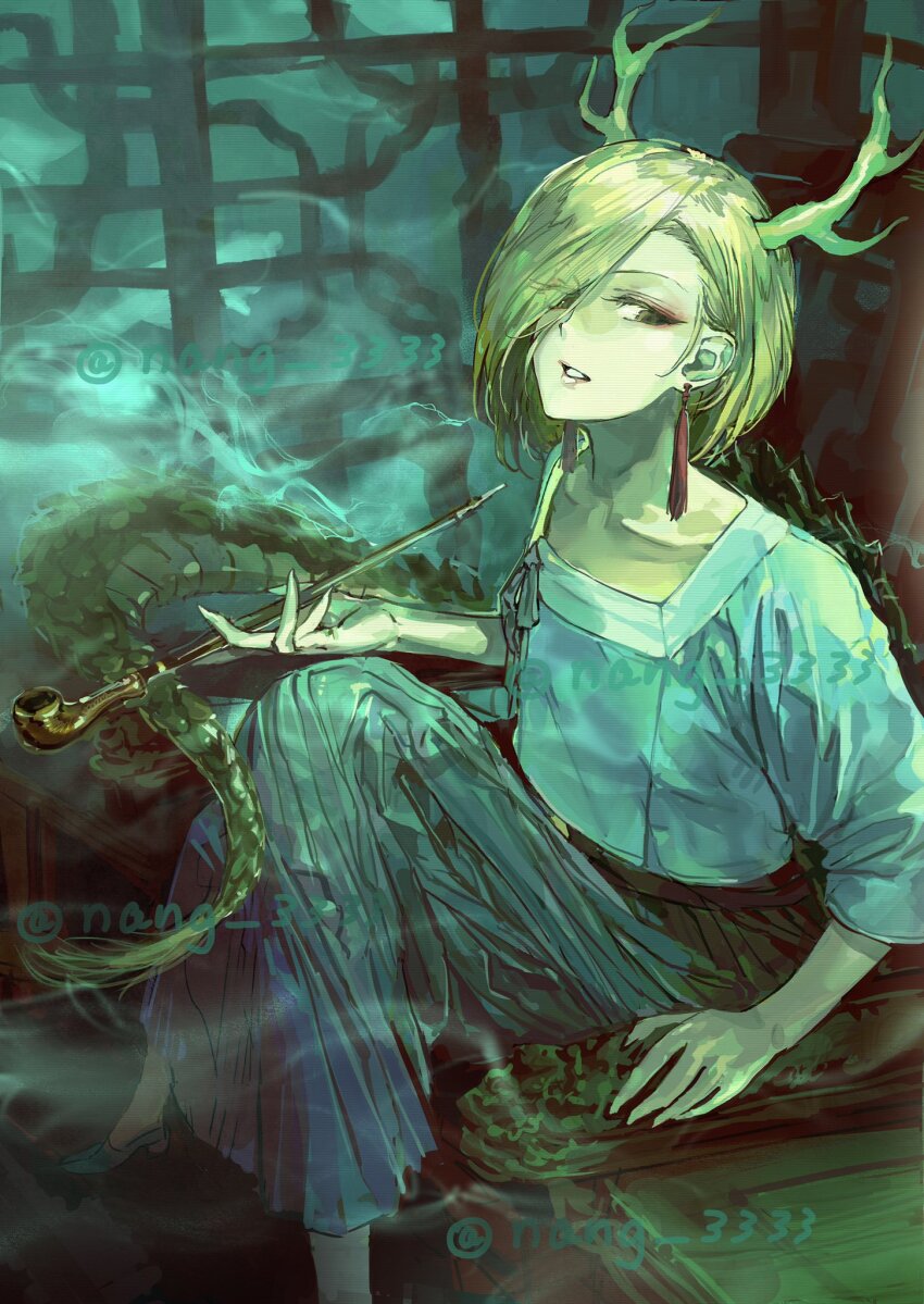 1girl antlers blonde_hair blue_shirt dragon_girl dragon_horns dragon_tail earrings fur-tipped_tail green_scales green_tail highres holding holding_smoking_pipe horns jewelry kicchou_yachie monster_girl nang_3333 open_mouth red_eyes scales shirt short_hair skirt smoke smoking smoking_pipe solo square_neckline tail tassel tassel_earrings touhou turtle_shell yellow_horns