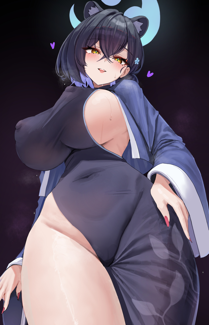 1girl absurdres animal_ear_fluff animal_ears black_background black_dress black_hair blue_archive blue_halo breasts commentary covered_erect_nipples covered_navel crossed_bangs dress fluffyebi01 from_below hair_between_eyes halo haori highres japanese_clothes kaguya_(blue_archive) large_breasts looking_at_viewer no_panties open_mouth short_hair side_slit sideboob simple_background smile solo sweat symbol-only_commentary thighs yellow_eyes