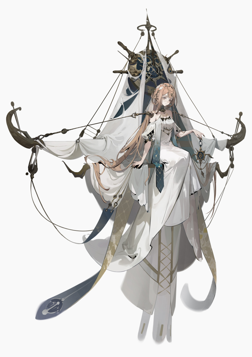 1girl absurdres bare_shoulders braid braided_hair_rings brown_hair celeste_(morimens) claw_ring dress full_body grey_eyes hair_flowing_over hair_ornament hair_rings highres holding jimimimihua_huyan-luanyu long_dress long_hair mast morimens off-shoulder_dress off_shoulder official_art puffy_short_sleeves puffy_sleeves sail ship&#039;s_wheel short_sleeves sitting solo tachi-e white_background white_dress