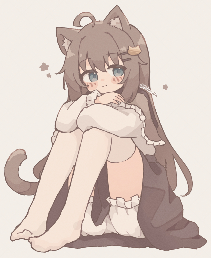 1girl ahoge animal_ear_fluff animal_ears biachan_(colon_br) black_skirt bloomers blush brown_hair capelet cat_ears cat_girl cat_tail closed_mouth colon_br commentary_request frilled_capelet frills green_eyes grey_capelet hair_ornament hairclip highres hugging_own_legs knees_up long_hair long_sleeves looking_at_viewer no_shoes original shirt simple_background skirt smile solo tail thighhighs twitter_username underwear white_background white_bloomers white_shirt white_thighhighs