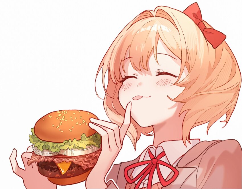 1girl blazer blush bow brown_jacket burger closed_eyes collared_shirt commentary doki_doki_literature_club food hair_bow happy highres holding holding_burger holding_food jacket neck_ribbon orange_hair portrait red_bow red_ribbon ribbon sayori_(doki_doki_literature_club) school_uniform shirt short_hair simple_background solo symbol-only_commentary tongue tongue_out white_background white_shirt yuna_4568