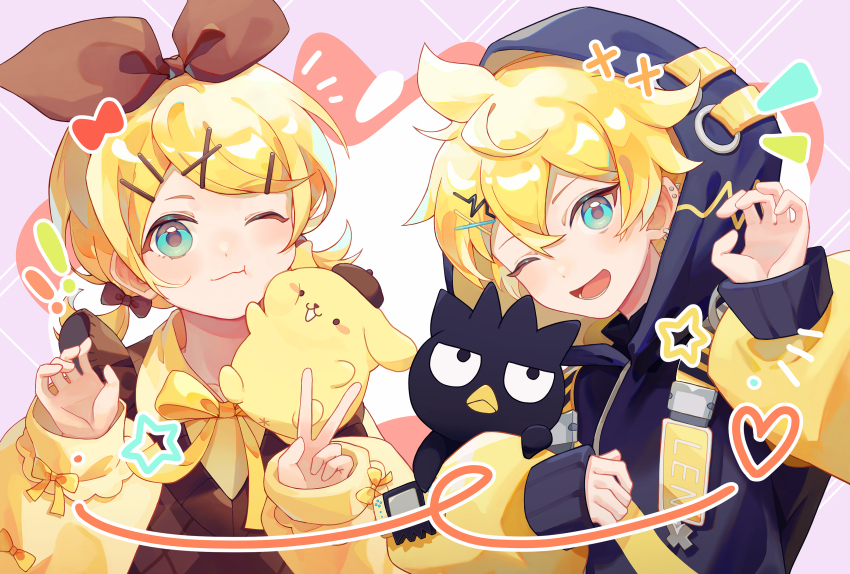 1boy 1girl ;d absurdres alternate_costume aqua_eyes badtz-maru beret blonde_hair blush bow brown_bow brown_vest claw_pose closed_mouth collar commentary commentary_request crossover earrings hair_between_eyes hair_bow hair_ornament hairclip hat heart highres hood hood_up jacket jewelry kagamine_len kagamine_rin long_sleeves looking_at_viewer low_twintails nanasun_(nnsn02777) official_alternate_costume one_eye_closed open_mouth pompompurin ribbon sanrio short_hair short_twintails smile swept_bangs symbol-only_commentary twintails upper_body v very_short_hair vest vocaloid yellow_ribbon