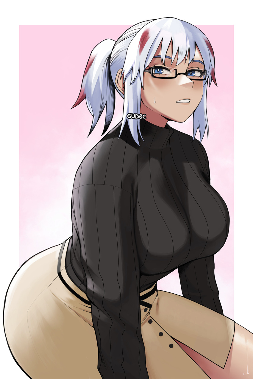 1girl artist_name black_sweater blue_eyes boku_no_hero_academia border breasts glasses gud0c highres large_breasts long_sleeves multicolored_hair red_hair sidelocks skirt solo streaked_hair sweater todoroki_fuyumi white_border white_hair