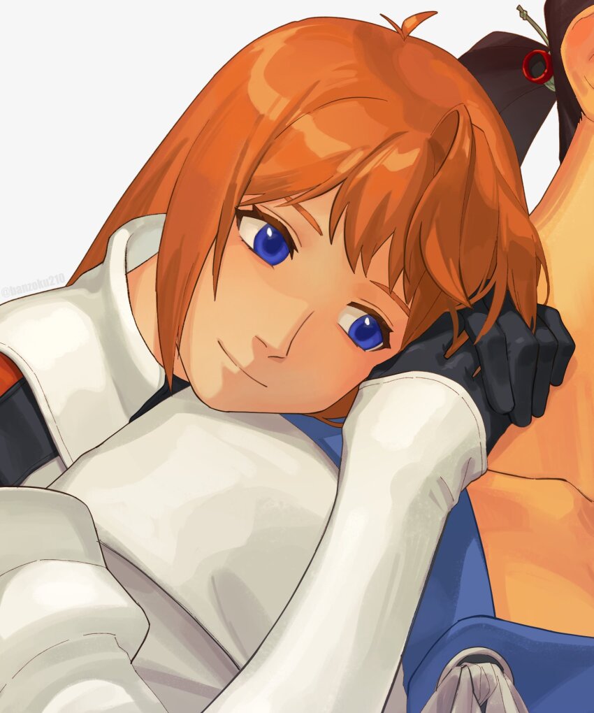 1boy 1girl asagi_(banzoku210) black_hair blue_eyes elhaym_van_houten fei_fong_wong head_on_another&#039;s_shoulder highres long_hair orange_hair pilot_suit simple_background smile solo_focus upper_body white_background xenogears