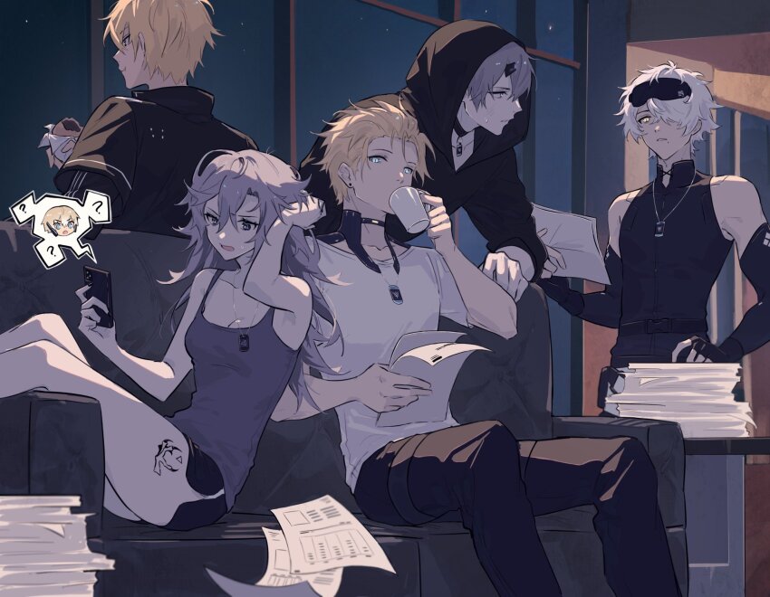 1girl 4boys blonde_hair blue_eyes broken_horn camu_(pgr) chrome_(pgr) collar couch cup dog_tags drinking earrings eating fingerless_gloves gloves grey_hair hand_on_own_hip highres holding holding_cup hood hoodie horns jewelry kamui_(pgr) leaning_back leaning_forward lee_(pgr) looking_at_viewer looking_to_the_side mao_(expuella) mug multiple_boys night original paperwork phone punishing:_gray_raven purple_eyes scratching_head shorts sitting sleep_mask star_(sky) tank_top wanshi_(pgr) white_hair yellow_eyes