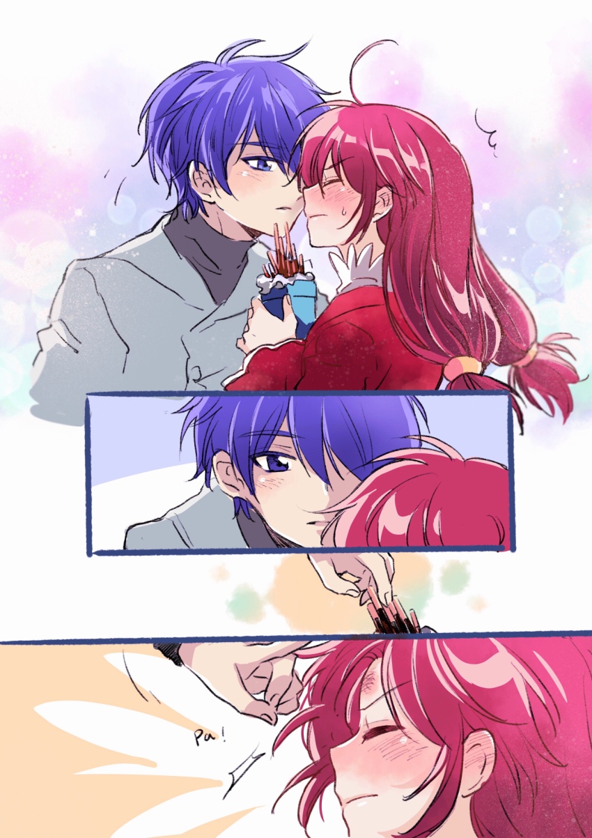 1boy 1girl absurdres blue_eyes blue_hair blush closed_eyes comic commentary_request fine_(futagohime) flick food forehead_flick fushigiboshi_no_futago_hime hair_between_eyes highres long_hair nervous pink_eyes pink_hair pocky shade_(futagohime) short_hair sidelocks silent_comic suzuki_(2red_moon3)