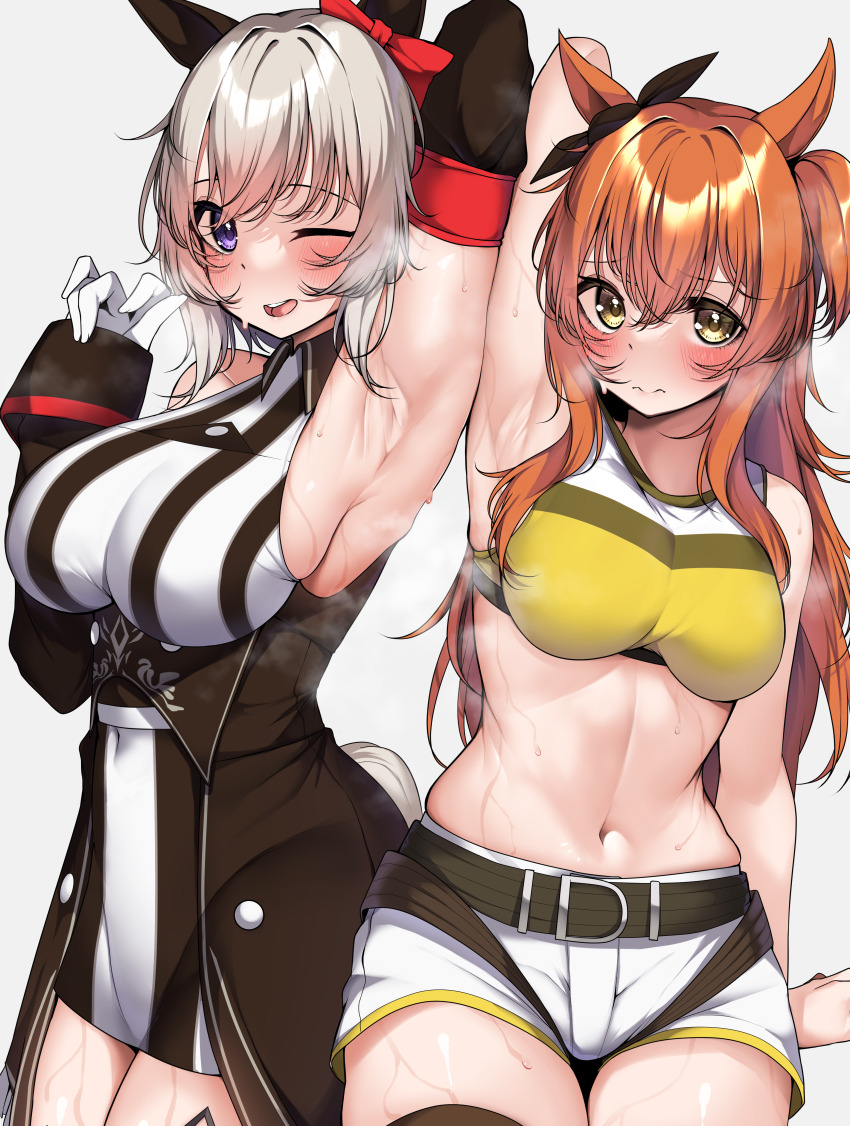 2girls absurdres animal_ears arm_up armpits blush breasts closed_mouth commentary_request crop_top curren_chan_(umamusume) detached_sleeves gloves grey_hair highres horse_ears horse_girl kshimu large_breasts looking_at_viewer mayano_top_gun_(umamusume) medium_hair multiple_girls navel one_eye_closed open_mouth orange_hair shorts simple_background sleeveless steaming_body sweat thighhighs umamusume white_background white_gloves white_shorts