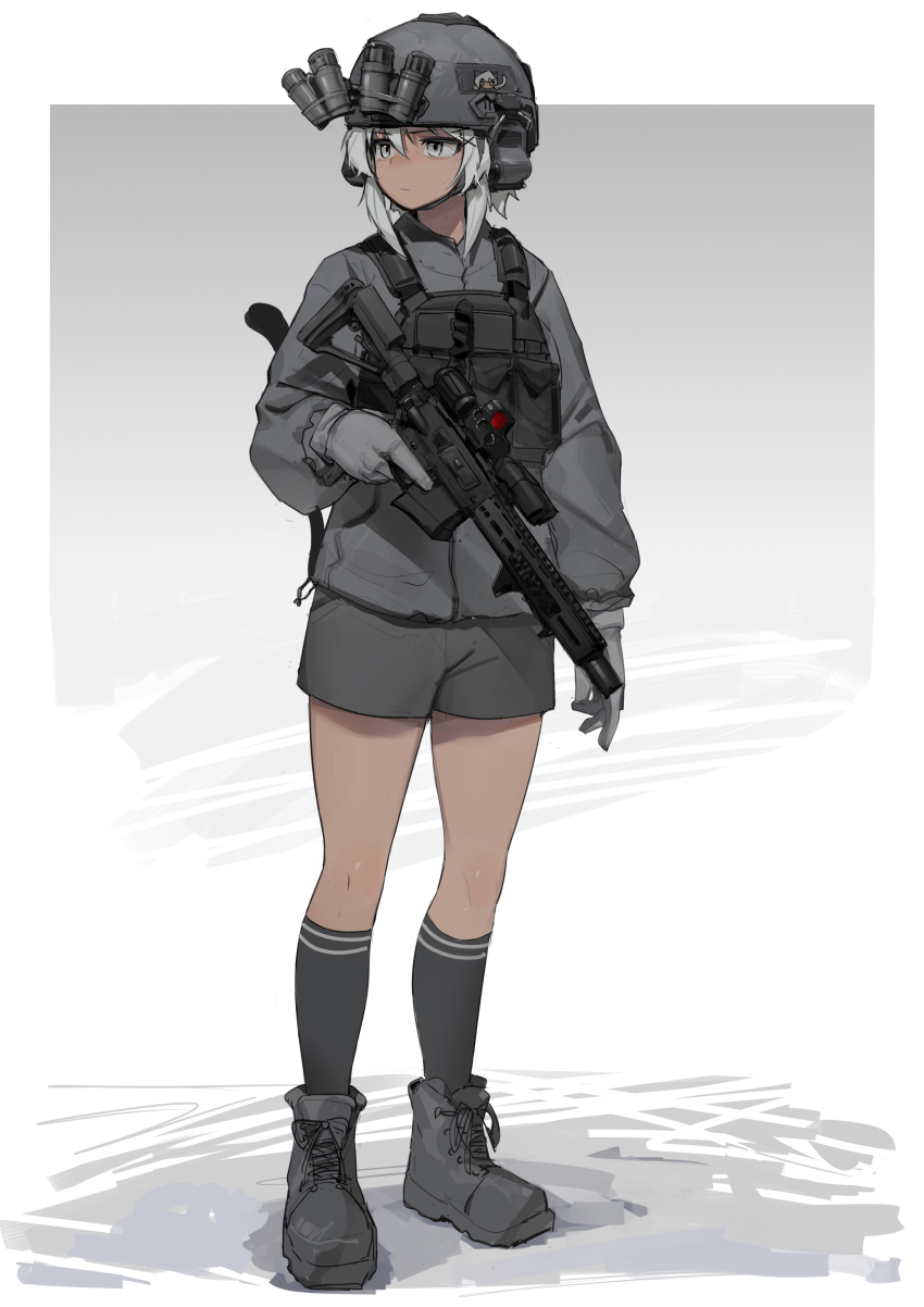 1girl absurdres ar-15 black_footwear black_shorts black_socks boots chinese_commentary combat_helmet cross-laced_footwear dark-skinned_female dark_skin expressionless full_body gloves grey_eyes grey_gloves grey_jacket gun helmet highres holding holding_gun holding_weapon jacket laser_sight looking_to_the_side night_vision_device null_(user_zske3258) original rifle scope short_hair short_shorts shorts sight_magnifier simple_background socks solo standing tactical_clothes trigger_discipline weapon white_hair