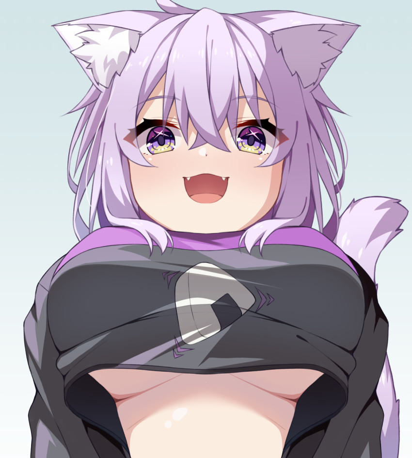 1girl ahoge animal_ear_fluff animal_ears black_shirt breasts cat_ears cat_girl cat_tail close-up dot_nose eyes_visible_through_hair fangs food food_print from_below hair_between_eyes highres hololive large_breasts looking_at_viewer medium_hair nekomata_okayu nekomata_okayu_(1st_costume) onigiri onigiri_print open_mouth purple_eyes purple_hair shirt simple_background smile solo tail underboob virtual_youtuber white_background win_opz