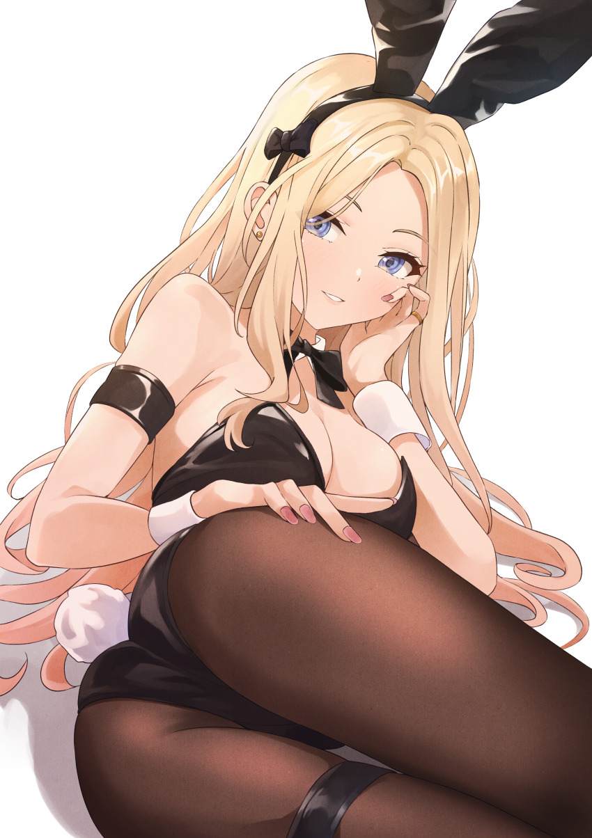 1girl absurdres animal_ears armband ass b1ack_illust bare_shoulders black_armband black_bow black_bowtie black_hairband black_leotard black_pantyhose blonde_hair blue_eyes blush bow bowtie breasts collar detached_collar dot_nose earrings eyelashes fake_tail gakuen_idolmaster hair_over_shoulder hairband hand_on_own_cheek hand_on_own_face hand_on_own_hip highres idolmaster jewelry juo_sena leotard long_hair looking_at_viewer lying medium_breasts on_side pantyhose parted_lips pink_nails playboy_bunny rabbit_ears ring sidelocks simple_background solo strapless strapless_leotard tail thigh_strap white_background white_collar white_wrist_cuffs wrist_cuffs