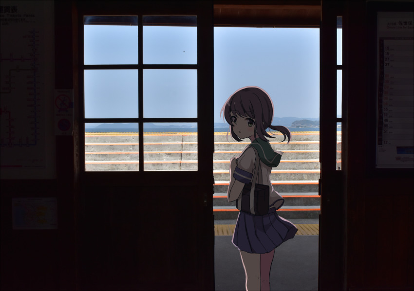 1girl :o bag blue_skirt blush brown_hair day doorway female_focus from_behind fubuki_(kancolle) highres kantai_collection low_ponytail open_mouth photo_background pleated_skirt ponytail school_uniform serafuku short_ponytail short_sleeves sidelocks skirt sky solo soramuko stairs