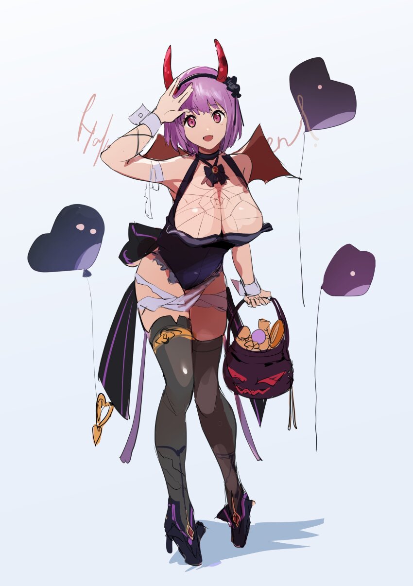 1girl absurdres balloon black_dress bow breasts dress gridman_universe gridman_universe_(film) hair_ornament halloween halloween_costume high_heels highres large_breasts looking_at_viewer open_mouth purple_hair red_eyes sakamoto_(ojiojiojisanda) shinjou_akane short_hair sleeveless sleeveless_dress smile solo thighhighs