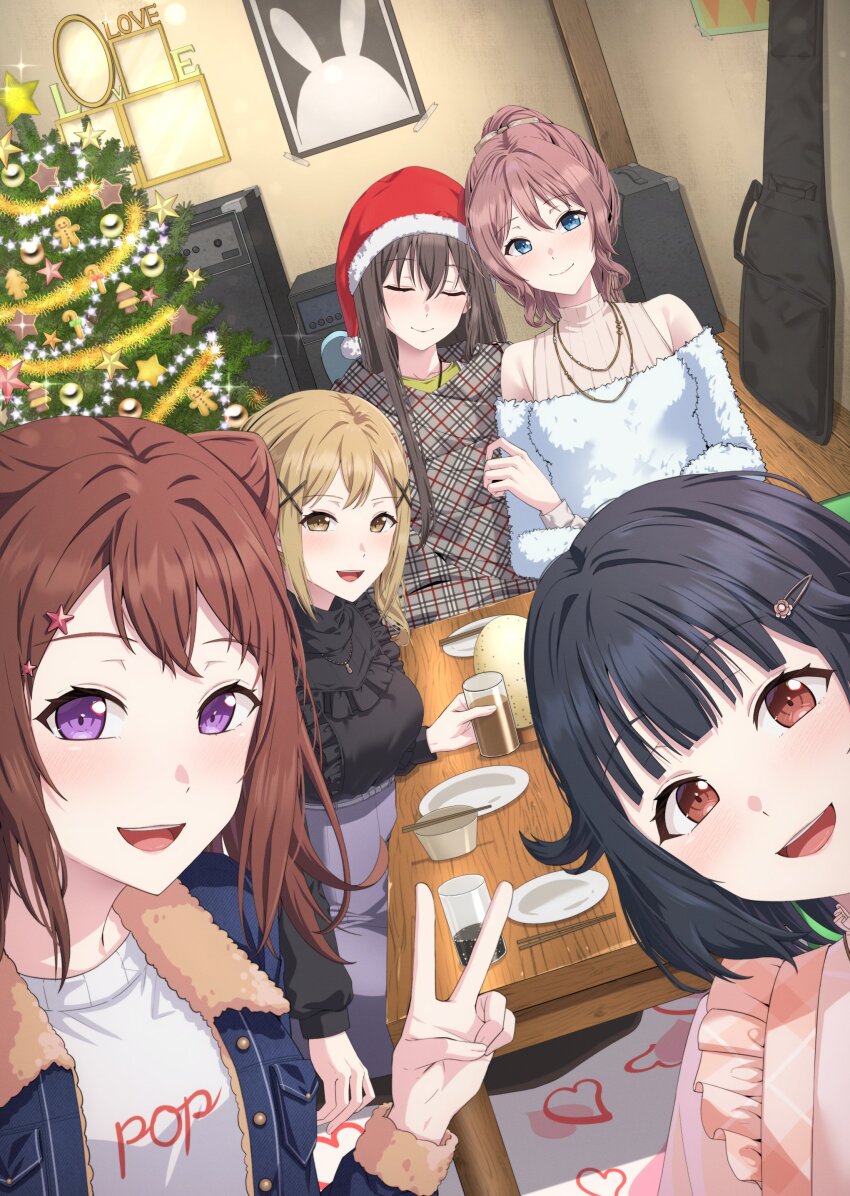 5girls absurdres amplifier arm_hug bang_dream! bare_shoulders black_hair black_shirt blanket blonde_hair blue_eyes blush brown_eyes brown_hair chopsticks christmas_lights christmas_ornaments christmas_tree closed_eyes cup denim denim_jacket dress dutch_angle fur_collar fur_trim hair_ornament hairclip hanazono_tae hat highres ichigaya_arisa indoors instrument_case jacket jewelry long_hair multiple_girls necklace open_mouth pink_dress plaid_blanket plate ponytail poppin&#039;party poster_(object) ptal purple_eyes santa_hat selfie shirt short_hair smile star_(symbol) star_hair_ornament table toyama_kasumi ushigome_rimi v white_dress white_shirt x_hair_ornament yamabuki_saya