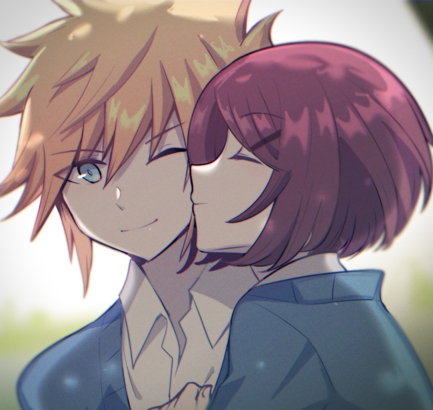 1boy 1girl altorav blue_eyes blue_sweater brown_hair closed_eyes closed_mouth collared_shirt hetero kiss kissing_cheek misaki_shiki one_eye_closed orange_hair sakuraba_neku shin_subarashiki_kono_sekai shirt smile spiked_hair subarashiki_kono_sekai sweater upper_body white_shirt