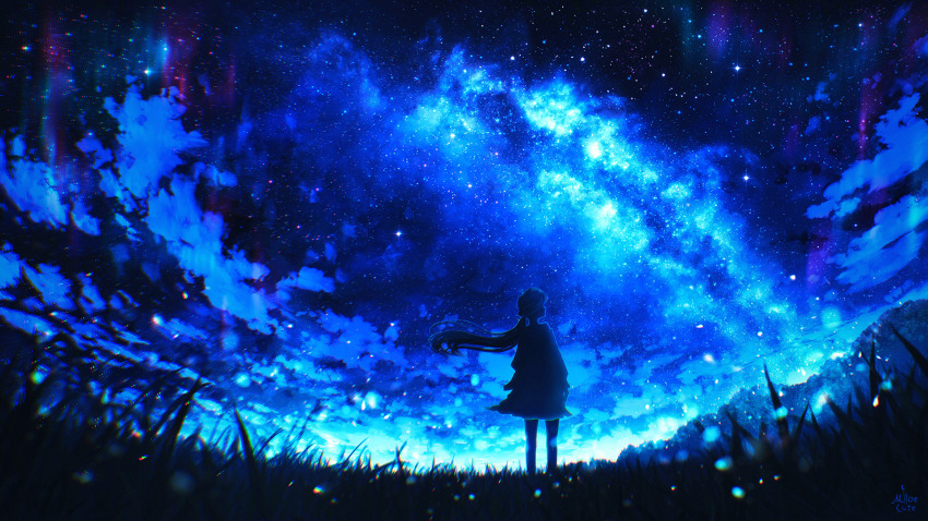 1girl blurry cloud dark_clouds depth_of_field from_behind from_below galaxy grass highres lens_flare long_hair looking_ahead milky_way miloecute night on_grass original skirt sky star_(sky) starry_sky