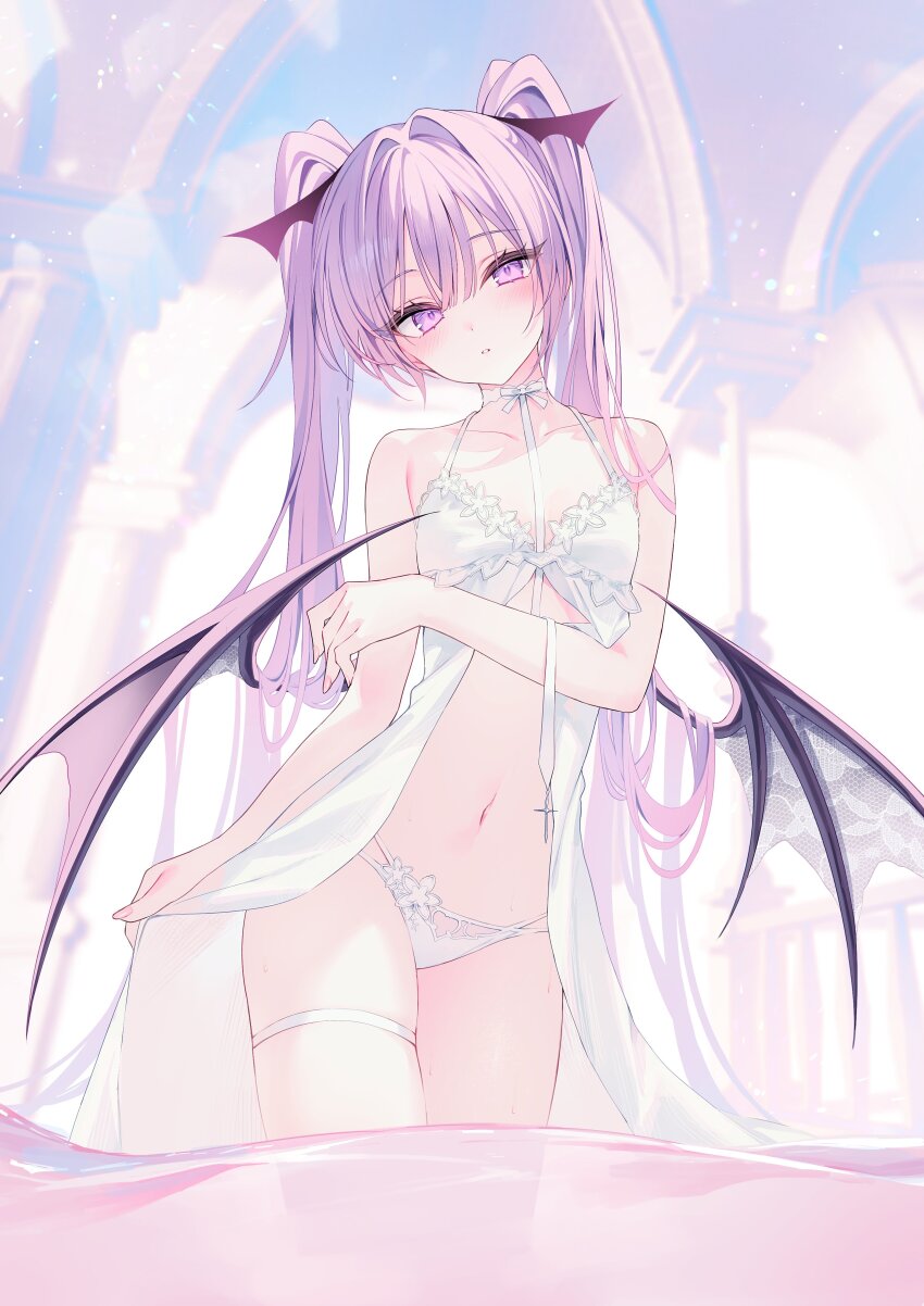 1girl absurdres bat_wings carneades highres navel panties partially_submerged purple_eyes purple_hair rurudo thigh_strap twintails underwear wading wings