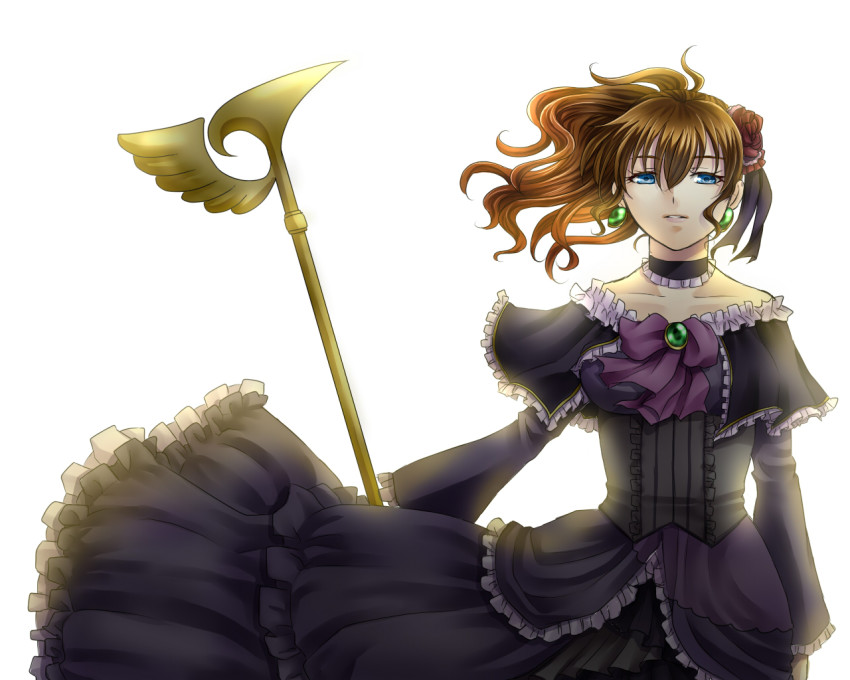 1girl bad_id bad_pixiv_id blue_eyes brown_hair choker cosplay dress earrings female_focus flower frills hair_flower hair_ornament jewelry red_flower red_rose rose solo staff takai_shizuno umineko_no_naku_koro_ni ushiromiya_natsuhi