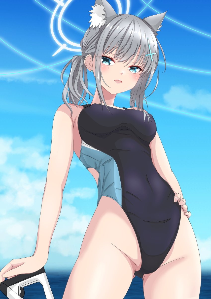 1girl absurdres animal_ear_fluff animal_ears assault_rifle black_one-piece_swimsuit blue_archive blue_eyes blue_sky cloud commentary_request competition_swimsuit cowboy_shot cross_hair_ornament day extra_ears grey_hair gun hair_ornament halo hand_on_own_hip highleg highleg_one-piece_swimsuit highres horizon low_ponytail medium_hair mismatched_pupils multicolored_swimsuit nitamako_(sakamalh) ocean one-piece_swimsuit outdoors ponytail rifle shiroko_(blue_archive) shiroko_(swimsuit)_(blue_archive) sig_sauer sig_sauer_556 sky solo standing swimsuit weapon