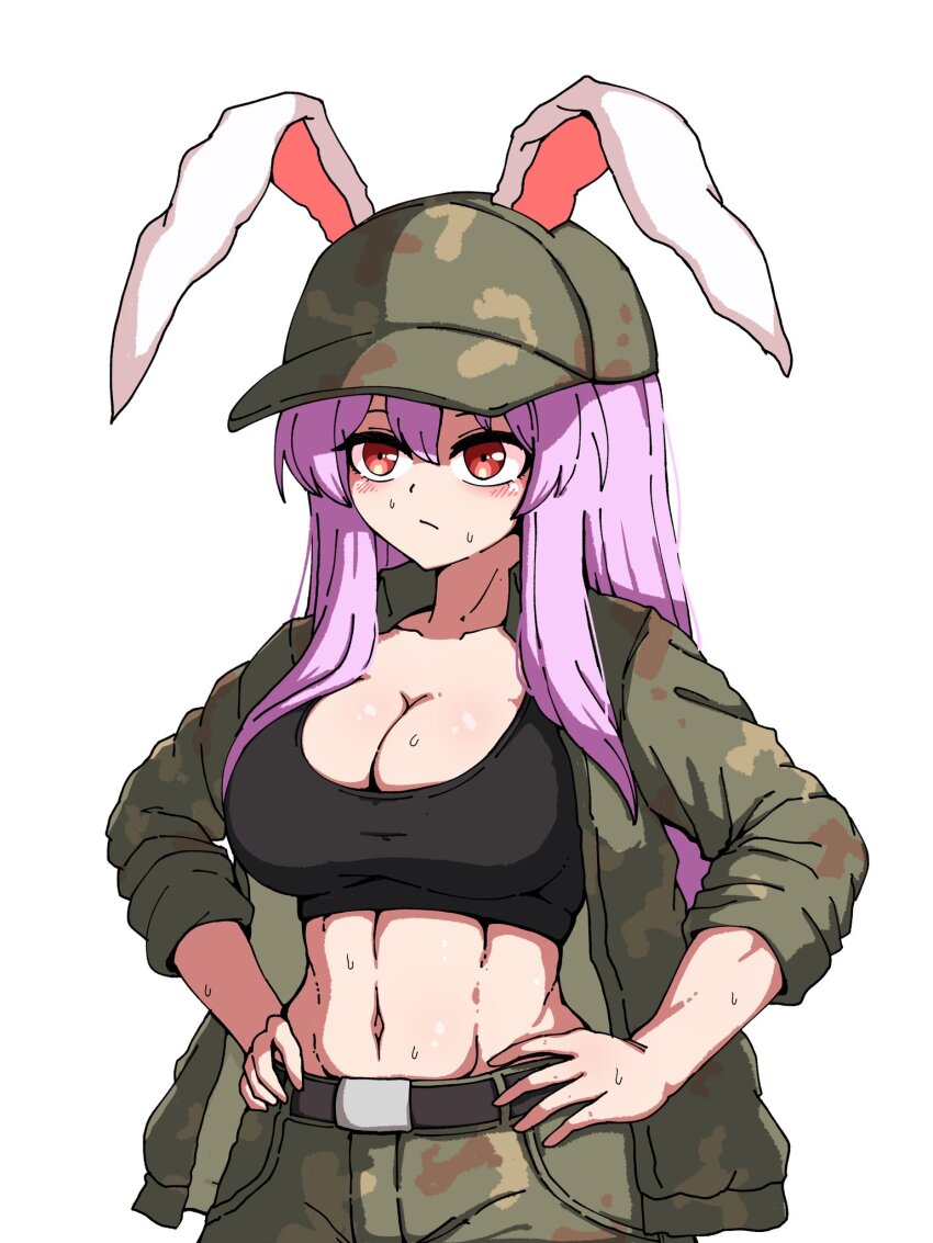 1girl alternate_costume animal_ears belt black_tank_top breasts camouflage camouflage_hat camouflage_jacket camouflage_pants cleavage ehehe52921343 hands_on_own_hips highres jacket large_breasts long_hair midriff pants purple_hair rabbit_ears red_eyes reisen_udongein_inaba simple_background sleeves_rolled_up solo sweat tank_top touhou upper_body very_long_hair white_background