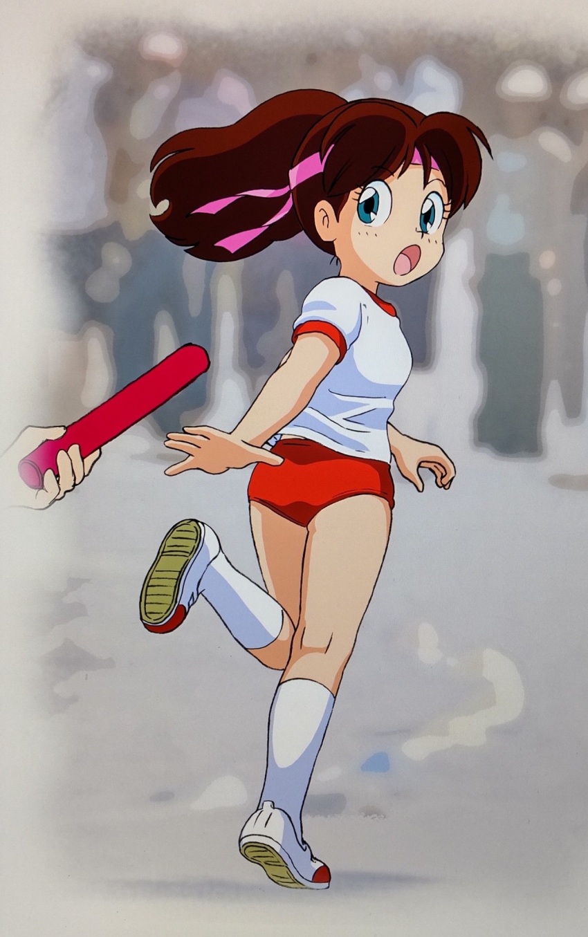 :o ass bare_legs blue_eyes brown_hair child elementary_schoolboy genji_tsuushin_agedama gym gym_shorts heike_ibuki highres legs looking_back official_art running shirt shoes shorts sneakers socks sports_festival sportswear tenpuraken