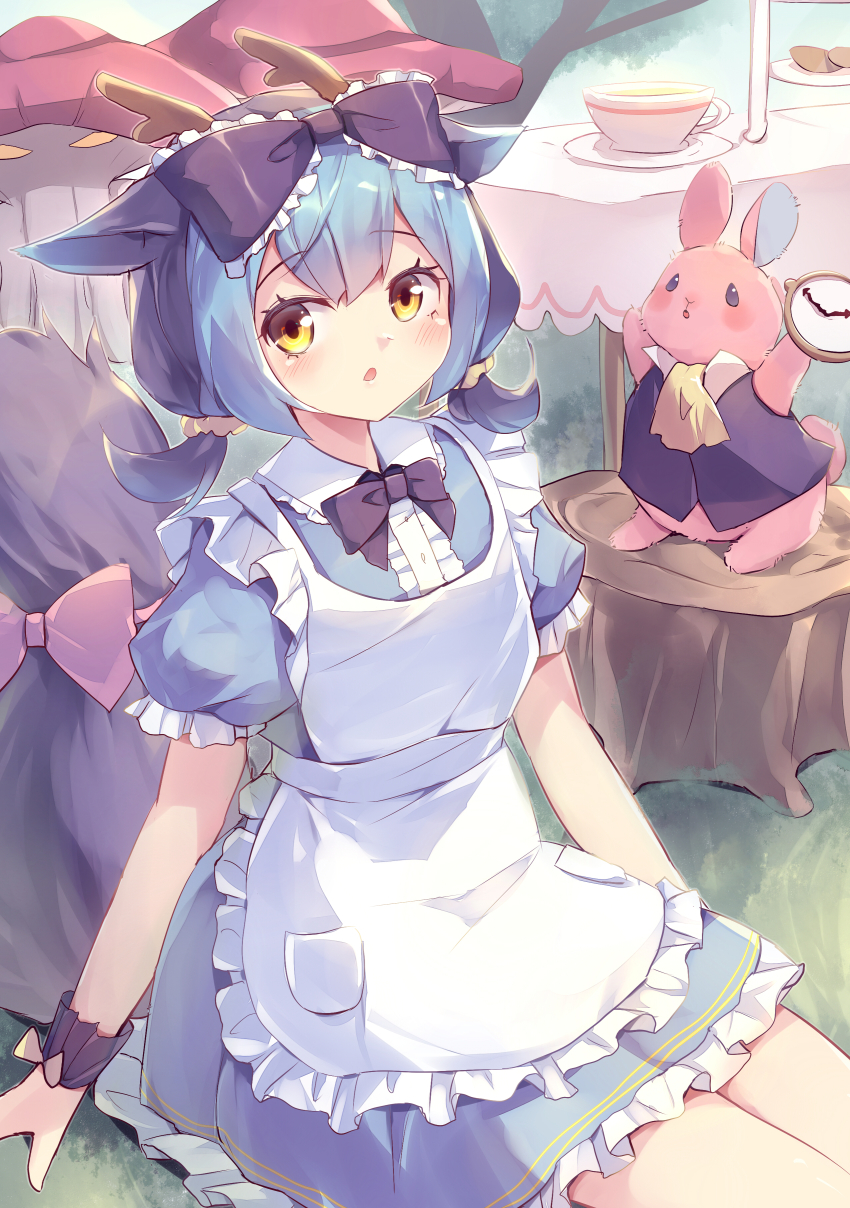 1girl absurdres alice_(alice_in_wonderland) alice_(alice_in_wonderland)_(cosplay) alice_in_wonderland apron blue_dress cosplay dragon_girl dragon_horns dragon_tail dress duel_monster hair_ribbon highres horns kanzakietc laundry_dragonmaid looking_at_viewer melffy_rabby mushroom_man ribbon solo_focus tail tree_stump white_rabbit_(alice_in_wonderland) white_rabbit_(alice_in_wonderland)_(cosplay) yu-gi-oh!