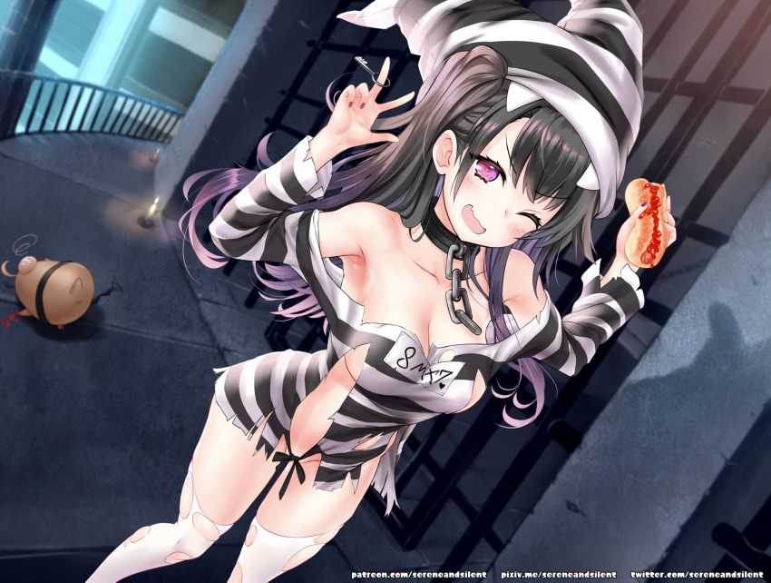 1girl ;d armpits azur_lane black_hair blush bottomless breasts cleavage commentary fang food groin hands_up highres holding holding_food holding_key indoors key large_breasts long_hair long_sleeves looking_at_viewer medium_breasts mixed-language_commentary nail_polish no_bra no_panties off-shoulder_shirt off_shoulder one_eye_closed open_mouth pamiat_merkuria_(azur_lane) pamiat_merkuria_(caged_minx)_(azur_lane) prison prison_clothes purple_eyes purple_nails sereneandsilent shirt side_ponytail signature skindentation smile solo striped_clothes striped_headwear striped_shirt torn_clothes torn_legwear very_long_hair w white_legwear