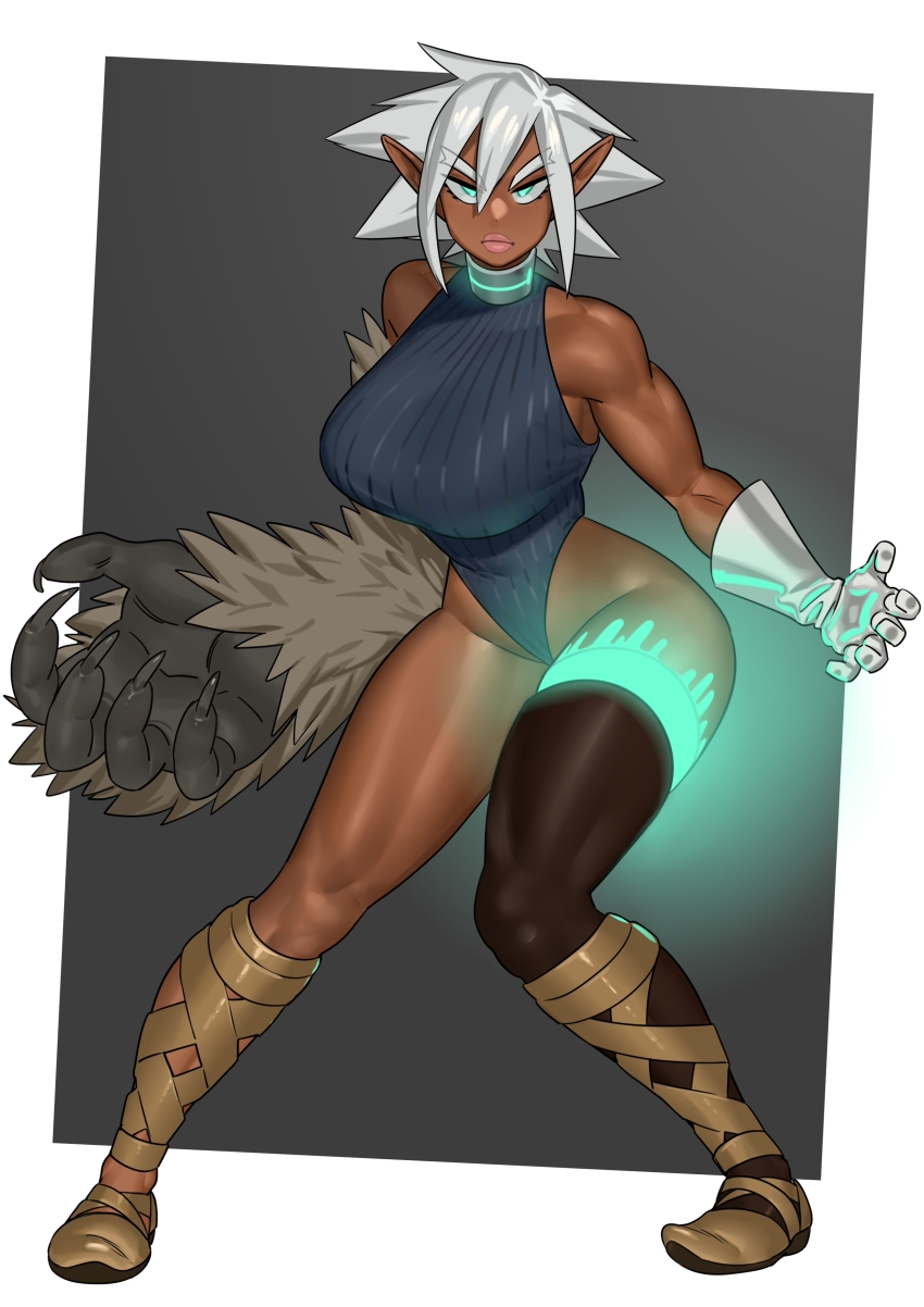 1girl absurdres aqua_eyes bad_id bad_twitter_id black_leotard breasts commission dark-skinned_female dark_skin fingernails full_body gloves glowing grey_background grey_hair highres large_breasts leotard long_fingernails looking_at_viewer nia_(nia4294) original pointy_ears short_hair silver_gloves single_glove single_thighhigh solo standing thighhighs thong_leotard very_long_fingernails