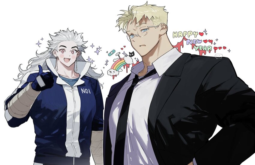 1boy 1girl bandaid black_jacket black_necktie blonde_hair blue_gloves blue_jacket blush bright_pupils dorohedoro earrings glasses gloves grey_eyes happy_new_year jacket jewelry long_sleeves muscular muscular_female muscular_male necktie new_year noi_(dorohedoro) odagorom open_mouth red_eyes shin_(dorohedoro) white_background white_pupils