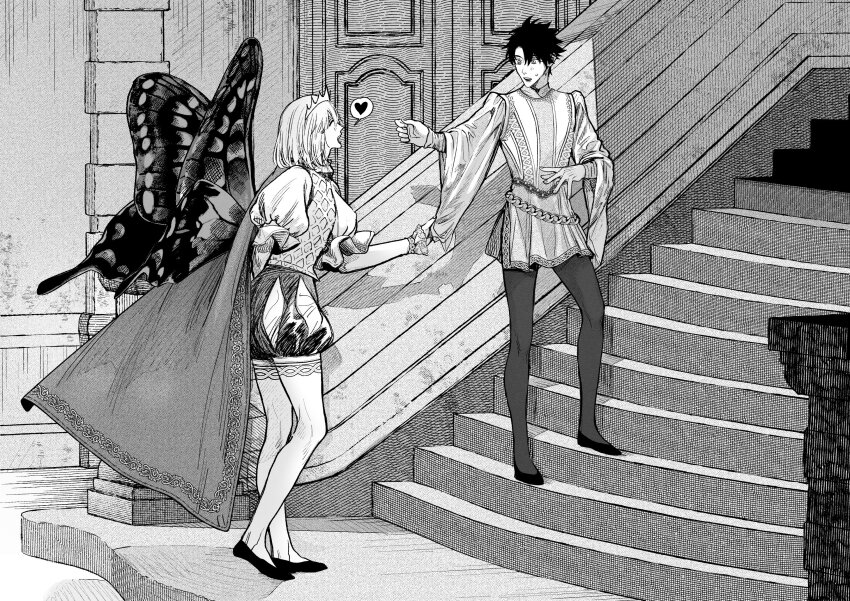 2boys arm_behind_back butterfly_wings cape clothes_grab fate/grand_order fate_(series) fujimaru_ritsuka_(male) greyscale heart highres indoors insect_wings looking_at_another male_focus monochrome multiple_boys oberon_(fate) on_stairs open_mouth pantyhose puffy_pants shikibreeki short_hair sleeve_grab spoken_heart stairs wide_sleeves wings