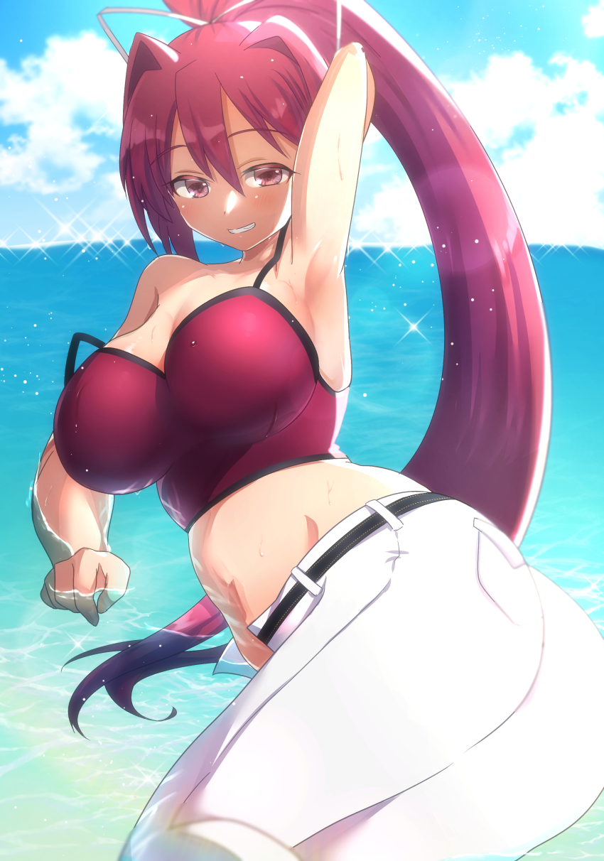 1girl absurdres arm_up armpits ass beach blush breasts hair_intakes hair_ribbon highres in_water itsuka_neru large_breasts long_hair looking_at_viewer midriff navel open_fly outdoors pants ponytail purple_hair ribbon smile solo under_night_in-birth very_long_hair white_ribbon yuzuriha_(under_night_in-birth)